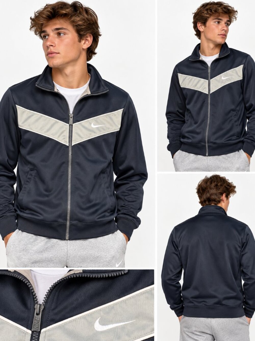 Nike Men Medium Track Jacket Navy Gray Full Zip Chevron Swoosh Vintage Y2K Retro